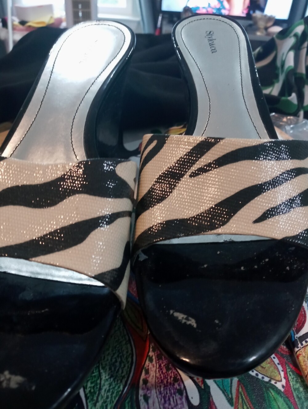 Zebra-Print 4 In. Slide Wedge Sandals in Beige and Black